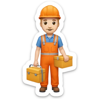 emoji style railway engineer full body in orange overalls, holding a box in front of their chest sticker