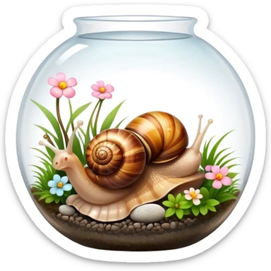 Close-up of large home snails inside a terrarium, showcasing their soft, spiral shells and glistening bodies, with a gentle light highlighting their details. With stones and grass and flowers. Transparent background. sticker