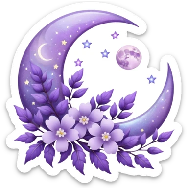 Beautiful poetic ethereal romantic magical aesthetic sparkly glittery shiny pretty floating pastel lilac lavender Violet moon and flowers and leaves aesthetic deco sticker