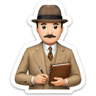 A cinematic-style frame showing Hercule Poirot in his iconic suit with a notebook in a dramatic detective pose. Background should be mysterious city, map, a board with photos of suspects, clues like fingerprints. Transparent background. sticker