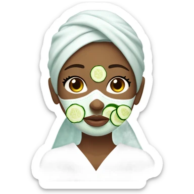 Girl with freackles Brown hair white skin and blue eyes wears Green colored texture skin care mask all over her face while She relaxes and puts two round piece of cucumber on her closed eyes In a white Robe sticker