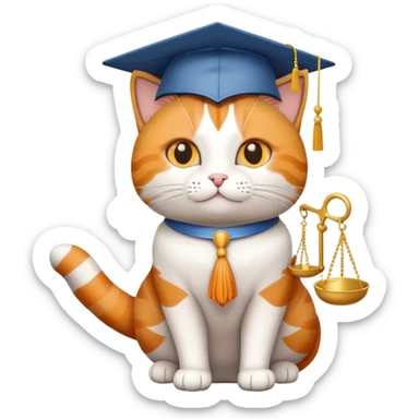 cat with a graduation cap, scales of justice beside it sticker
