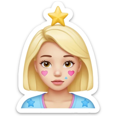 A cute emoji-style young woman with a small pimple on her cheek covered by a colorful pimple patch shaped like a star or heart,The sticker is glossy and pastel-colored (pink, yellow, blue). sticker
