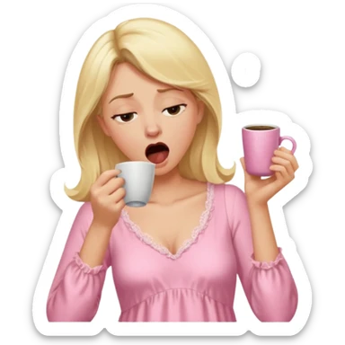 A blonde woman in a pink nightgown yawns, looking sleepy with dark circles under her eyes, drinking coffee, looking like she just woke up sticker
