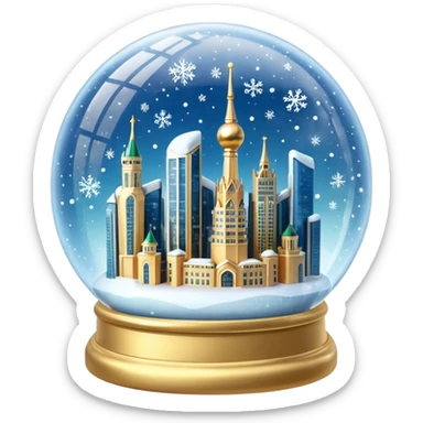 Apple style 3D emoji of a crystal snow globe. Inside the globe are the glowing skyscrapers of Moscow City (Federation Tower and Evolution Tower) covered in snow. Golden sparkles and snowflakes floating inside. High-quality
3D render, glossy glass, soft lighting, isolated on a white background. sticker