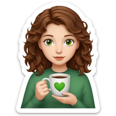 Menina com cabelo castanho, ondulado e olho verde com copo de café  sticker