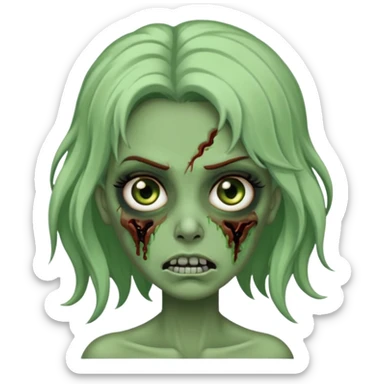 Faça uma zombie verde mulher com cabelos preto, liso e longo de olhos castanhos e boca fechada  sticker