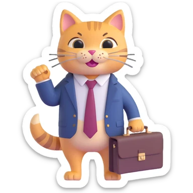 happy cat wearing a tie and carrying a briefcase, 3D emoji style sticker