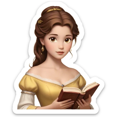 Cinematic Realistic Belle Portrait, depicted with lifelike skin texture, soft natural lighting, and intricately detailed brown hair styled elegantly. Her deep, expressive eyes exude warmth and intelligence, complemented by a serene and graceful expression. She gently holds a book in one hand, her other hand resting at her side, radiating an aura of beauty and intellect. She is dressed in her classic yellow ball gown, the fabric rich in texture with delicate folds that catch the light beautifully. The portrait features a soft, enchanting glow with a natural, radiant finish, capturing the essence of timeless beauty in a realistic and painterly style, evoking a sense of depth and authenticity. sticker