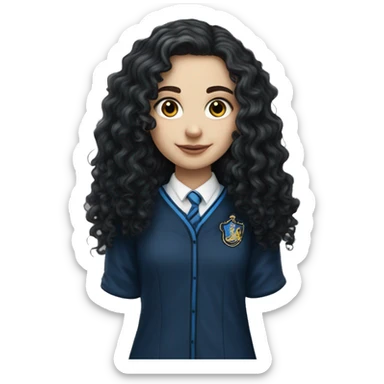 Hyper realistic White girl with long black curly hair wearing a ravenclaw school inform sticker