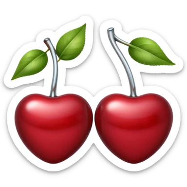 A pair of cherries emoji made of polished silver chrome, smooth rounded shapes, glossy metallic finish, soft highlights and reflections, cute proportions, iOS emoji style, centered, clean white background, no text sticker