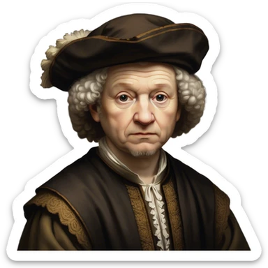 Cinematic Realistic portrait of Rembrandt, shown as a master artist with deep, introspective eyes and richly detailed period clothing, rendered with dramatic chiaroscuro lighting that emphasizes his legacy sticker