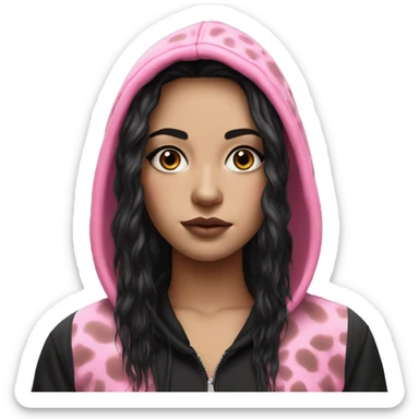 Hyperrealistic white girl with long black hair with a pink fringe and has eye makeup on, she is wearing a black and leopard print hoodie  sticker