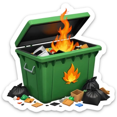 Green dumpster with a black partially open lid. surrounded by pieces of trash on the ground arount it. orange flames are buring lare an bright inside the dumpster. dumpster is smiling sticker