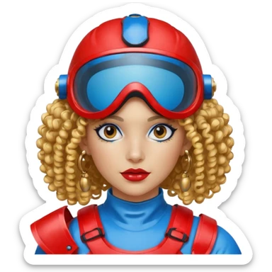 blue curly haired girl with huge earrings, wearing red paintball helmet and eye protection, only face  sticker