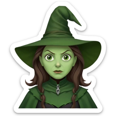 Wicked Witch of the West from the Wizard of Oz with green skin and eyes, brown long hair, dark green outfit sticker