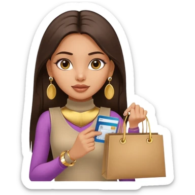 a pretty bratz fair indian girl wearing a beige sleeveless turtleneck, golden earrings, straight ling hair, holding bank cards, dark brown hair, carrying shopping bags sticker