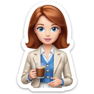A Barbie girl with blue eyes, shoulder-length reddish-brown hair, made-up, wearing a white tweed jacket and a white skirt, with a glass of coffee in her hands sticker