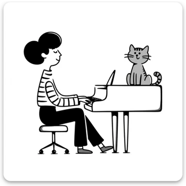 woman playing piano while her cat sits on top of the piano sticker