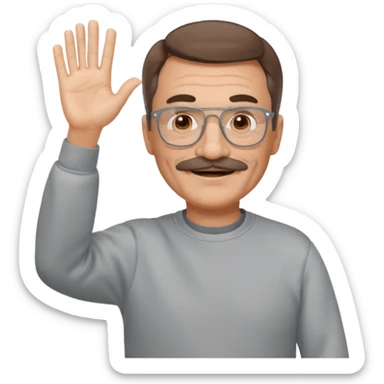 60 yr man partial brown hair parted in center, mustache, light glasses, sweatshirt waving hello sticker