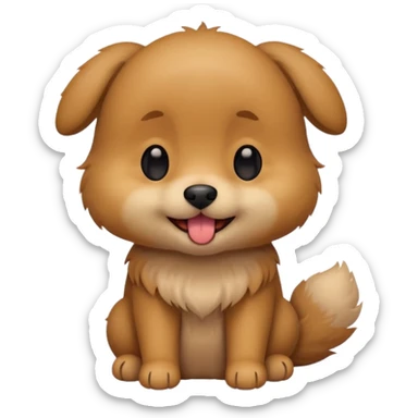 Cute small brown fluffy dog emoji icon. Round face, short muzzle, light brown fur with slightly darker ears, small black nose, happy smiling expression with tongue out. Soft friendly eyes, sitting pose with front paws together. Simple clean vector style, minimal details, kawaii style. sticker