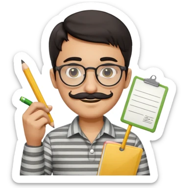 young Pakistani shopkeeper, short dark hair, round glasses, thick black mustache, smiling, light grey striped shirt, holding a handwritten receipt, yellow pencil behind ear, cartoonish, clean, rounded, friendly, no background, Apple emoji style sticker