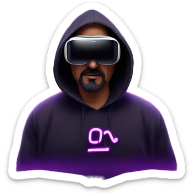 Big Lebowski wearing a black hoodie with "OMG" letters on it and VR headset oculus quest 2 in a cyberpunk VR environment with violet neon lighting. sticker