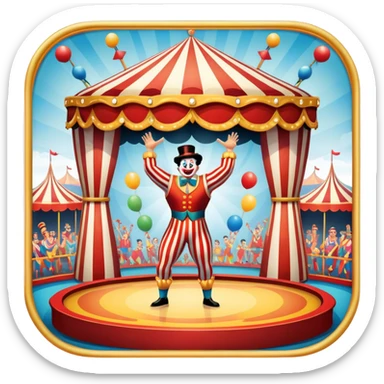 Icon for Circus Arts: a grand vibrant round circus arena with a strongman in a striped costume,  juggler and a clown performing. The icon should convey the excitement and fun of circus performances, with focus on the performers and the colorful setting. Transparent background. sticker