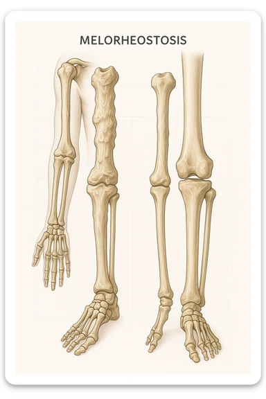 A highly realistic medical illustration focusing on a human arm and leg bones affected by melorheostosis. The bones appear visibly thickened, irregular, and larger than normal, with clear, layered bone growth resembling melted wax dripping down the side of the bones. The image shows a side-by-side comparison with a healthy bone for clarity, highlighting the difference in size and texture. The color palette includes neutral bone colors with subtle shading to show the abnormal contours and ridges. The background is clean and minimalistic, with faint anatomical grid lines for a scientific, educational feel. The overall mood is informative and precise, conveying the key visual characteristic of melorheostosis: progressive bone thickening that makes bones visibly larger and irregular. sticker