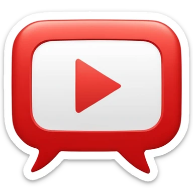 Minimal design featuring a red speech bubble that contains a white play button. On a white background, no text. Suggests intelligent conversation about video content. Clean, modern and tech-oriented sticker