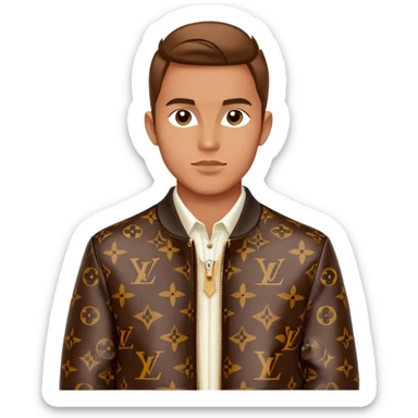 stylish man wearing Louis Vuitton jacket with LV monogram pattern sticker