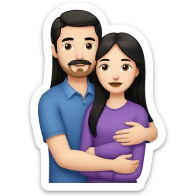 a short white girl with long black hair hugging a tall white guy with brown hair goatee mustache sticker