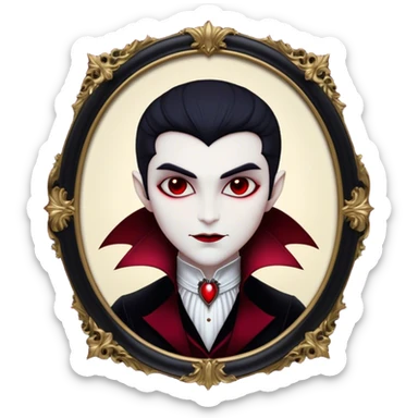 Cinematic Noble Vampire Portrait Emoji, Elegant and commanding, with a refined, pale visage framed by dark, velvet accents and a hint of crimson, exuding timeless seduction and dangerous allure, simplified yet exquisitely detailed, glowing with a soft nocturnal radiance and a subtle, mysterious outline that captures the regal spirit of an immortal lord of the night! sticker