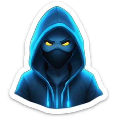 developer behind his laptop with the style of Riot Games Valorant neon blue eyes glowing bright blue character blue black hooded assassin themed character sticker