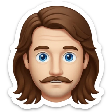 Benson Boone (b.2002) with blue eyes, brown long wavy hair and thin mustache sticker