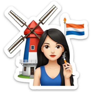 Windmill with on top ot the building a dutch flag and a white girl with dark long hair smoking a joint sticker