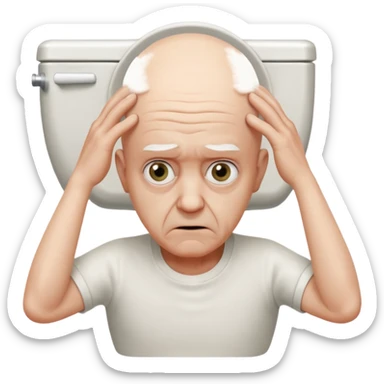 A bald person who’s very old is staring, he’s inside a toilet and his head is upright and looking at the camera with very wide eyes and his hands are putting pressure on his head, very scared expression sticker