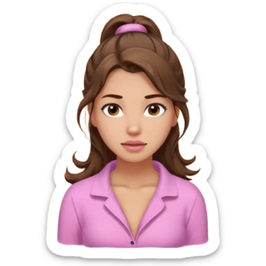 girl with wavy long ponytail brown hair, brown eyes, light to medium complexion, long lashes, light pink lipstick, wearing light pink shirt, in a hot sauna sticker