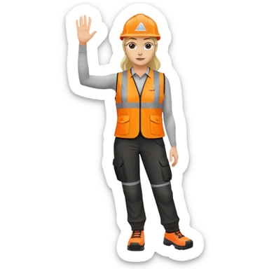 female, orange, hi-vis vest, dark trousers, no helmet, shoes, hand raised sticker