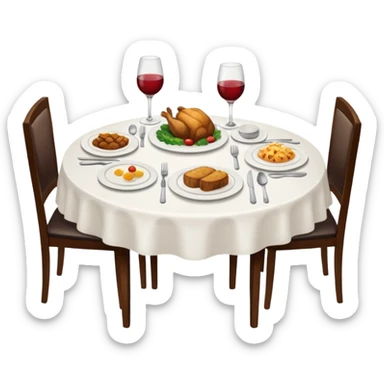 A table with white tablecloth and dinner sticker