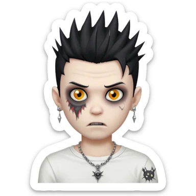 zombie boy with spiky emo black hair and white shirt , tattos, a risk on the eyebrow, earings,  a necklace emoji sticker