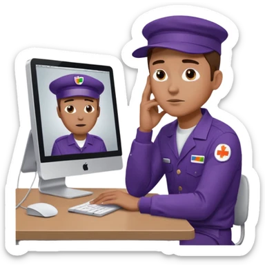emoji of a man sitting at the table with an imac on it, a man is sitting in a very thoughtful pose, he has his hands on the table and his head resting on themб he look into the screen of imac, he is dressed in FedEx uniform with a cap sticker