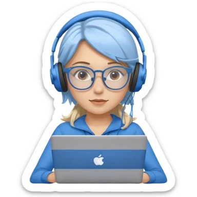 create a blonde hair women with brown eyes, blue glasses and blue headphones working on a laptop wearing a brown top. sticker
