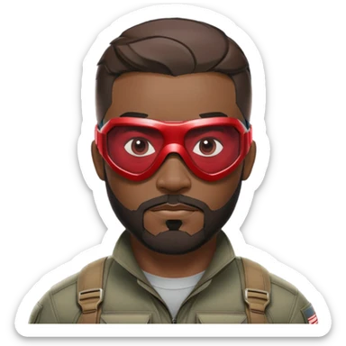 sam wilson with a very short hair close to the scalp and  a well-groomed beard that connects to his mustache,  wear sleek, red-tinted tactical goggles fit snugly from captain america: civil war sticker
