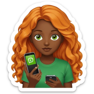 Girl with dark long orange wavy hair, green eyes, and black t-shirt and phone with app on hand sticker