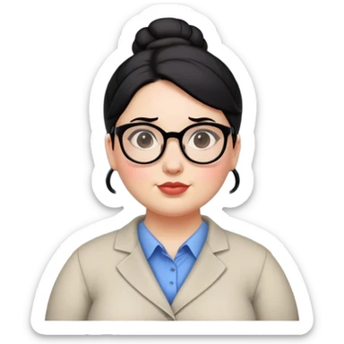 pale chubby female teacher with black hair in a updo bun, wearing glasses sticker