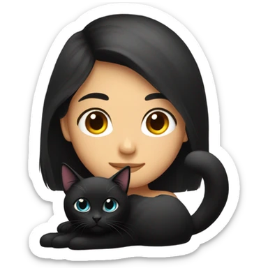A girl with long dark hair and a black fluffy cat is lying on her right shoulder sticker
