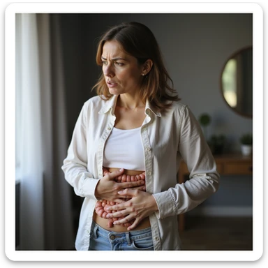 realistic image of a woman with symptoms of intestinal dysbiosis, hand on abdomen, worried expression, anatomical details, domestic environment, natural light sticker