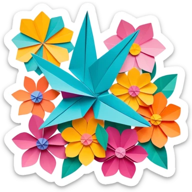 Paper crafting icon, various paper crafts like origami, paper flowers, and scrapbooking materials, visible tools, colorful paper patterns, minimalistic style, clean lines, transparent background. sticker