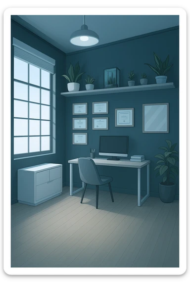 faMMI QUESTA STANZA STILE MANGA/WEBTOON A COLORI SENZA LE PERSONE E SENZA LETTINO, SOLO LA STANZA. FALLA MOLTO PIù LUMINOSA CON LUCI PIù FREDDE E MODERNE, NON LUCI GIALLE sticker